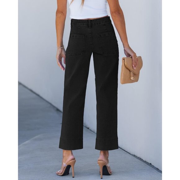 Wide Leg Jeans Women High Waisted Cropped Stretchy Denim Retro Patch Pockets - Picture 3 of 7